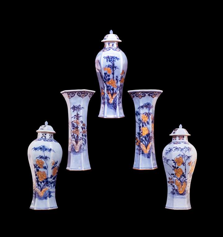 Chinese porcelain five piece garniture with lavender ground